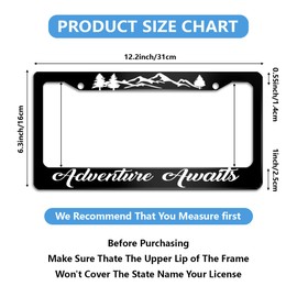 Meikosks Adventure Await License Plate Frame,Metal Aluminum Car Cover Tag Holder Frames,2 Holes with Screw Caps for Men Women 12x6 Inch
