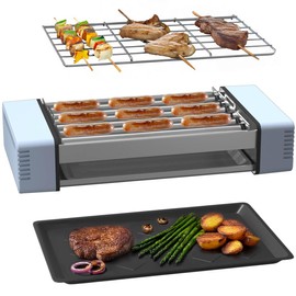 3 in 1 Electric Indoor BBQ Grill with Hot Dog Roller,Compact Hotdog Roller Grill Machine with Removable 6 Stainless Steel Rollers,Nonstick Grate & Pan,Fits 9 Sausage for Family BBQ,Game Night