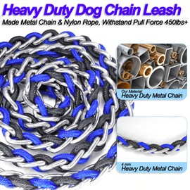Dog Leash Rope Chain, Nylon Rope Metal Chain for Pet Leads. 6ft Heavy Duty Chew Proof Training Walking for Medium Large Dogs. (Large, Blue&Black)