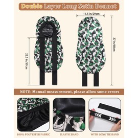 AWAYTR Long Hair Bonnet for Women - Reversible Double Layer Satin Silk Bonnet for Sleeping with Tie Band (Green Rose+Black)