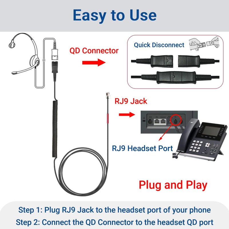 RJ9 QD Adapter HIS Cable for Plantronics Quick Disconnect Headset
