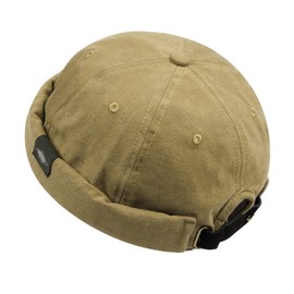 Clakllie Brimless Hats for Men Skullcap Vintage Docker Beanie Cap Rolled Cuff Harbour Hat Visor-Less Cap Sailor Hats,Khaki