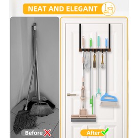 Broom Holder Over The Door - Wood Mop and Broom Holder Wall Mounted or Hanging Over The Door with Hooks - Broom Hanger, Broom Storage Tool Organizer with 4 Racks and 3 Hooks for Garage Closet Laundry