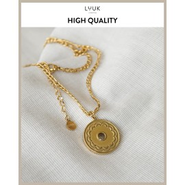 LUUK LIFESTYLE Stainless steel jewelry set, necklace and bracelet with circle and coin pendant, modern design, vintage style, gift idea, fashion accessory for her, waterproof and resistant, gold