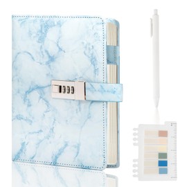 Kutoda Marble Diary with Lock, 192 Pages College Ruled Secret Journal with Lock, Waterproof Diary with Lock, A5 Journal with Lock, Cute Diary Stuff for Teen Girls (Blue)