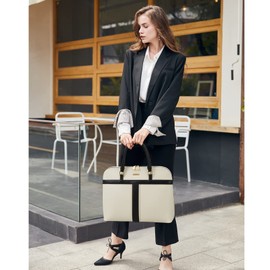 Telena Laptop Tote Bag for Women Computer Work Large Capacity Leather Briefcase Shoulder Beige with Black