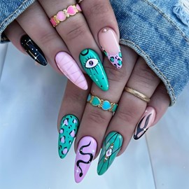 Long Press on Nails Almond Fake Nails Cute False Nails Pink Artificial Nails with Designs Green Stick on Nails for Women 24pcs