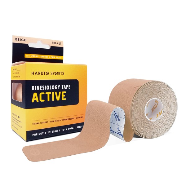 HARUTO Kinesiology Sports Tape, for Pain Relief Strong Support, Therapeutic Tape Physio for Athletic Sports Recovery, 20 Precut 10” Strips (Sensitive Beige for Novice)