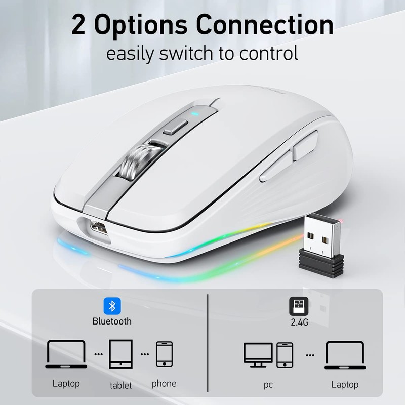 zienstar-Mouse Inalámbrico Recargable con Luz RGB,Modo Dual (2.4G USB+Bluetooth 5.1),Ajuste