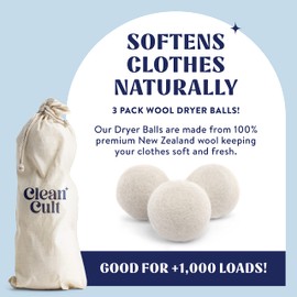 Cleancult Wool Dryer Balls (3 Count) - Made from 100% New Zealand Wool - Biodegradable Dryer Balls - Shorten Dry Times, Soften Clothes, and Stop Static Cling - Lasts up to 1000 Loads