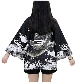 Siehin Women's Kimono Cardigan Japan Happi Kimono Spring Summer Jacket Yukata Coat Ukiyoe Baggy Tops One Size, Black Dragon
