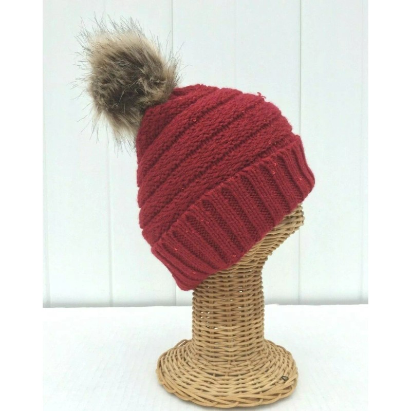 Unbranded Winter Warm Red Knit Stretch Beanie Hat with Silver
