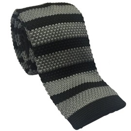 Mens Vintage Smart Casual Necktie 2" Skinny Knit Tie For Groom (Black Grey Stripe)
