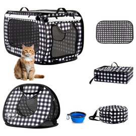 Portable Cat House Sets,Large Pop up Kennel Soft Pet Crates with Cat Carrier,Included Foldable Travel Little Box Pet Mattress Food Bowl 4 Stakes and Carrybag (Black&White)