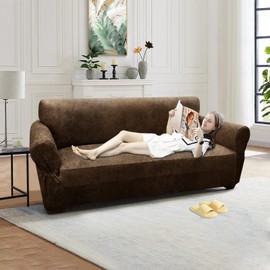 Pfrstuv Loveseat Sofa Slipcover Leather Look Couch Covers for 2 Seater Couch Sofa 1-Piece Sofa Cover Stretch Furniture Protector with Elastic Bottom & Pockets(Loveseat, Brown)