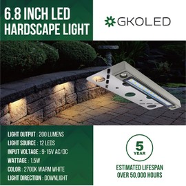 GKOLED 6.8 Inch LED Hardscape Lighting, Low Voltage Outdoor Retaining Wall Lights, Paver Lights, Light Module Replaceable Step Light, IP65 Waterproof, Die-cast Aluminum Housing Gray
