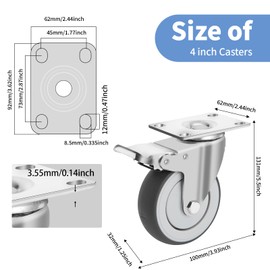 TGHEY 4 Inch Caster Wheels Set of 4 Heavy Duty Swivel Casters Includes Mounting Hardware 1320 Lbs Load Capacity Quiet TPE Casters with 2 Locking Brakes for Furniture Workbench and Cart