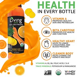 O2 Living Carrot Kick Organic Juice Drink - 12oz, 12 Pack - Cold-Pressed Juice Drink with No Added Sugars or Water, Natural Sweetness from Fruits, Packed with Nutrients & Vitamins, Refreshing, Non-GMO