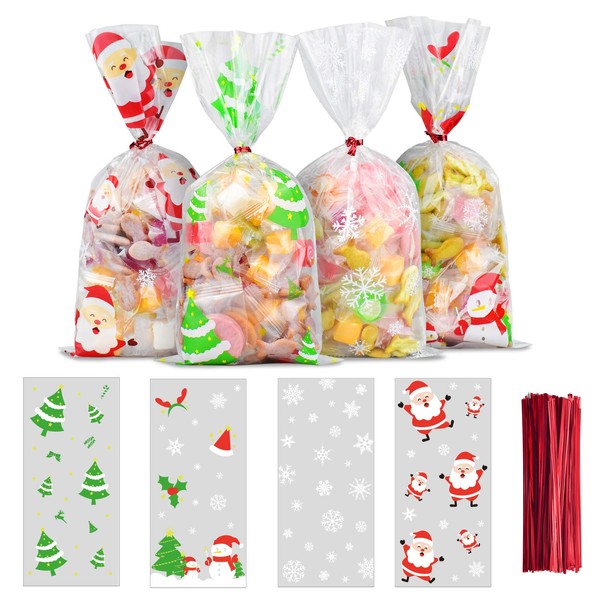 ERKOON 200 PCS Christmas Cellophane Treat Bags Clear Cookie Candy Bags Goodie Bags Xmas Gift Bags with 250 PCS Twist Ties for Christmas Party Supplies (4 Styles)