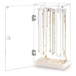 Organizador de Collares,Soporte de Collar de Acrílico para Hombres y Mujeres,Joyero Giratorio Transparente con Bandeja de Terciopelo Beige para Guardar Anillos, Pulseras y Collares.（24 ganchos）