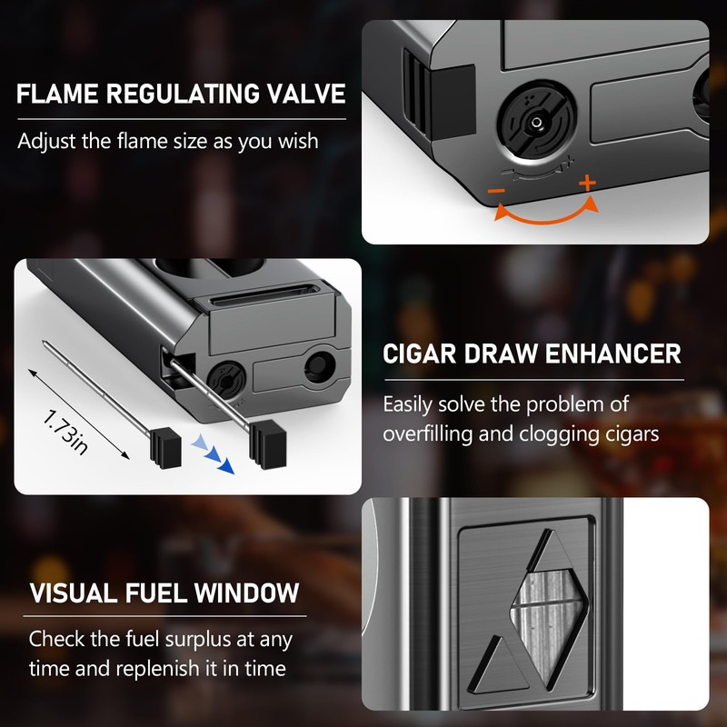 Tesonway Cigar Torch Lighter, 4 Jet Flame Cigar Lighter with