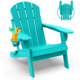 GREENVINES Folding-Adirondack-Chair | HDPE Plastic | Fire Pit Chairs | All Weather | Cup Holder | Aqua | for Deck Backyard Patio Outdoor Garden