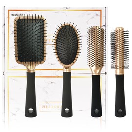 4 Piece Hair Brush Set, Professional Styling Hair Brush for Men and Women, Flexible Soft Needle Bristles for Long, Thick, Curly, Wavy, Dry Damaged Hair, Gold