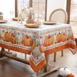 Softalker Autumn Tablecloth Washable 140 x 240 cm Jacquard 210 GSM Terracotta Square, Pumpkin, Leaves, Elegant Design, Modern, Easy Care Tablecloth for Banquets, Guests, Parties, Autumn Table