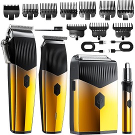 Sodaer Professional Hair Clippers,4 in 1 Hair Clippers for Men,Beard Trimmer& Rechargeable Shaver Set, Metal T-Blade, LED Display, Barber Hair Cutting Kit for Men Grooming &Gifts-Golden