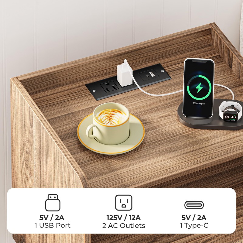 SUPERJARE Nightstand with Charging Station & Rattan-Like Decor Drawer, Rattan