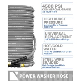 KARHDIR Pressure Washer Hose 150FT 3/8" for Cold and Hot Water 248°F, with Swivel Quick Connect, 4500PSI Kink Resistant Grade Steel Wire Braided, Power Washer Hose With 2pcs M22-14mm Adapter