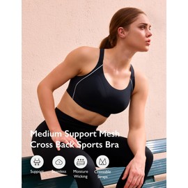 COMFELIE Sports Bras for Women, Criss-Cross Back Padded Workout Bra for Yoga Gym Workout Fitness Black