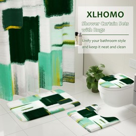 XLHOMO Bathroom Sets with Shower Curtain and Rugs - Luxury Dark Green Bathroom Accessories Set, Shower Curtain Set, Non-Slip Bathroom Rug, Green and Gold Bathroom Decor for Home
