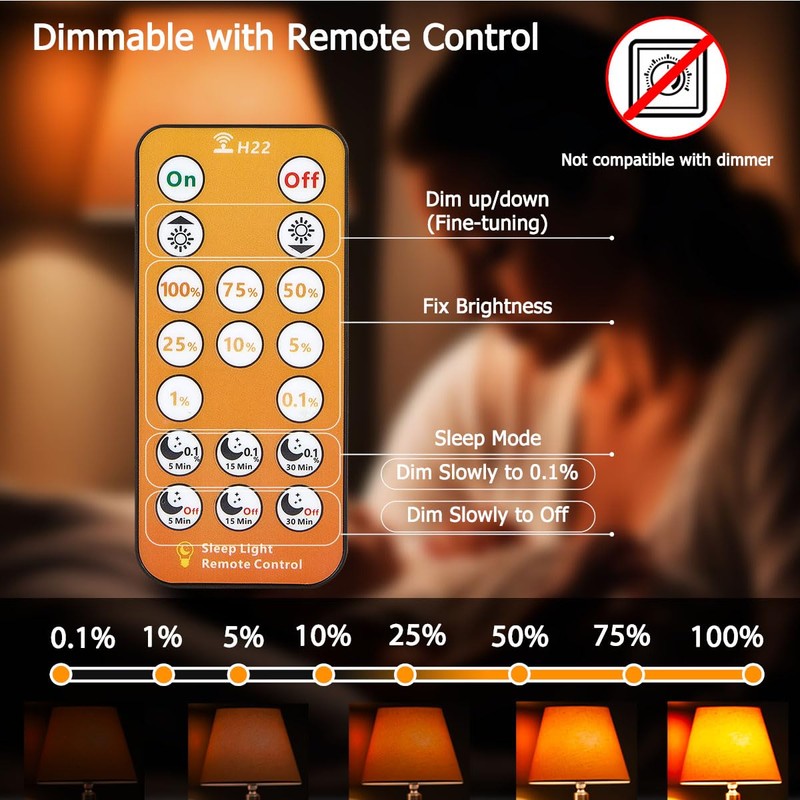 Wivety Sleep Light Bulbs Amber 1600K with Remote Control, Blue