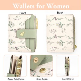 Slim Wallet, Small Wallets for Women, Wallet Card Holder, PU Leather Wallet Coin Purse with Metal Snap Button, RFID Wallet for Women, Ladies Wallet with Coin Bag and Zipper