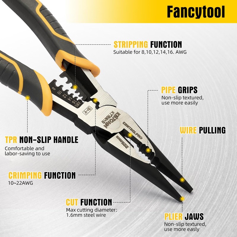 Fancytool Multi-Function Needle Nose Pliers with Cutting, Stripping, Crimping and