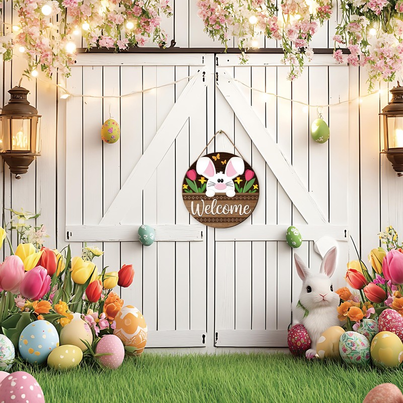 10" Happy Easter Wooden Hanging Sign - Welcome - Easter
