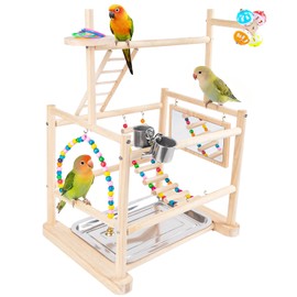 Chuiendi Bird Playground, 3 Tier Bird Perch Stand Parrot Playground Bird Tree with Parakeet Toys, Bird Ladder & Swing, Feeder Cups, Parakeet Mirror, and Removable Tray for Small to Medium Birds