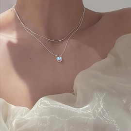 TREE NEST Collar de Corazón de Piedra Lunar en Capas,Collar Colgante Corazón de Ópalo,Chapado en Plata Collar de Serpiente de la Gargantilla de la Cadena,Collar de Piedra de Ópalo con Corazón de Amor para Mujer