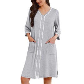 Ekouaer Zipper Robes for Women 3/4 Sleeves Lightweight House Coat Zip Up Bathrobe Soft Nightgown with Pockets (Light Gray, X-Large)