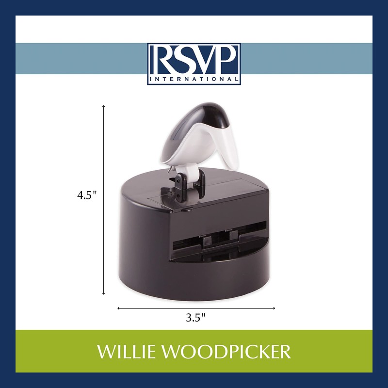 RSVP International Willie Woodpicker Toothpick Holder, Woodpecker, 100 Count,Plastic, Black
