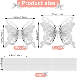 Geyee 12 Pcs 3D Large Butterfly Party Decoration 12 Inch 10 Inch Big Butterfly Centerpieces for Tables Baby Shower Birthday Wedding Hanging Decoration(Silver)