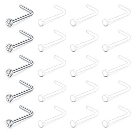 Crdifu Clear Nose Studs 22G L Shaped Plastic Invisible Hide Nose Piercing Retainers Flat Top for School Work 0.6mm
