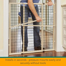 MYPET North States 48" Wide Wire Mesh Gate. Simply Expand and Lock in Place. Pressure Mount. Fits 29.5"- 48" Wide (37" Tall, Sustainable Hardwood)