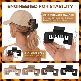 4 Pcs Large Hair Clips for Baseball Cap, Hat-Friendly Claw Clip for Women Non-Slip Strong Hold Trucker Hat Hair Jaw Clips Durable PC Material Gifts Hair Accessories (Beige/Khaki/Coffee/Black)