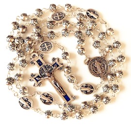 elegantmedical HANDMADE SILVER ROSE BEADS CATHOLIC Saint St Benedict ROSARY BLUE CROSS NECKLACE & NICE METAL JEWELLERY BOX