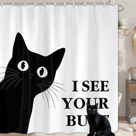 Lacoiime Funny Cat Shower Curtain - Black and White Waterproof Fabric Shower Curtain Set for Bathroom Decor - Farm Fun Shower Curtain with 12 Hooks 72x72 Inches