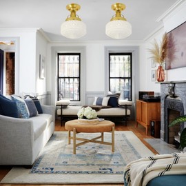 Bofea-Gold Semi Flush Mount Ceiling Light,Brass Vintage Flush Mounted Ceiling Lighting with Milk White Glass Shade, Mid-Century Style Ceiling Light Fixture for Hallway Foyer Loft Bathroom Bedroom. (A)