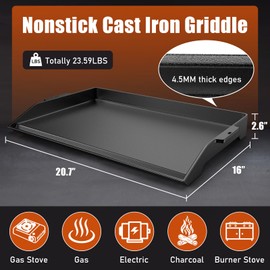 Cast Iron Griddle for Stove Top Griddle for Gas Grill Universal Flat Top for Grill Plate with Extra High Sidewalls for All Gas Grills and 4 Burner Range Oven, 23" x 16" Matte Porcelain Enamel
