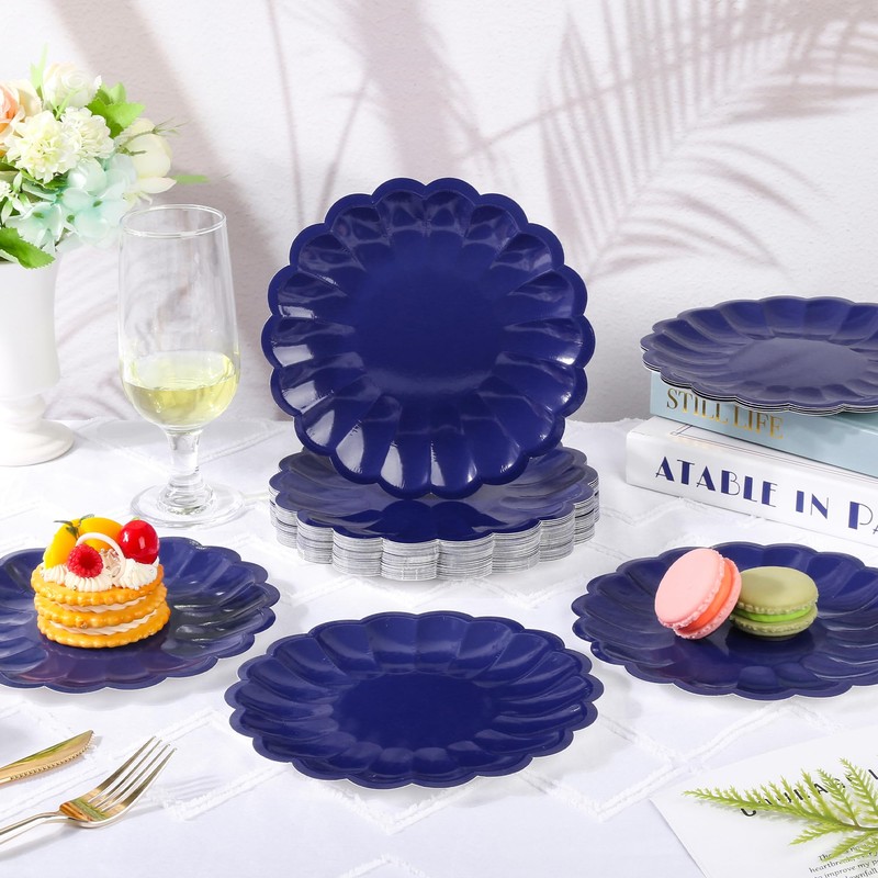 AllReal 48 Pcs Navy Blue Scalloped Disposable Party Paper Plates